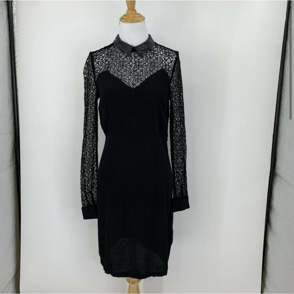 Numph Cavier Cocktail Dress Size 6 Anthro Black Lace Sleeves Faux Leather Collar